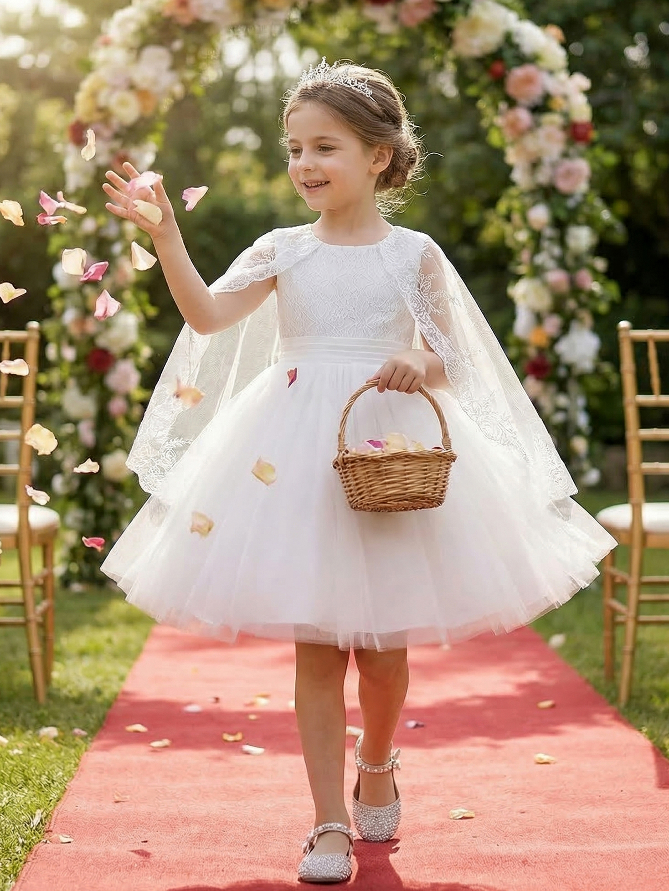 Embroidery Net Dress - White Formal Wedding Gown for Tween