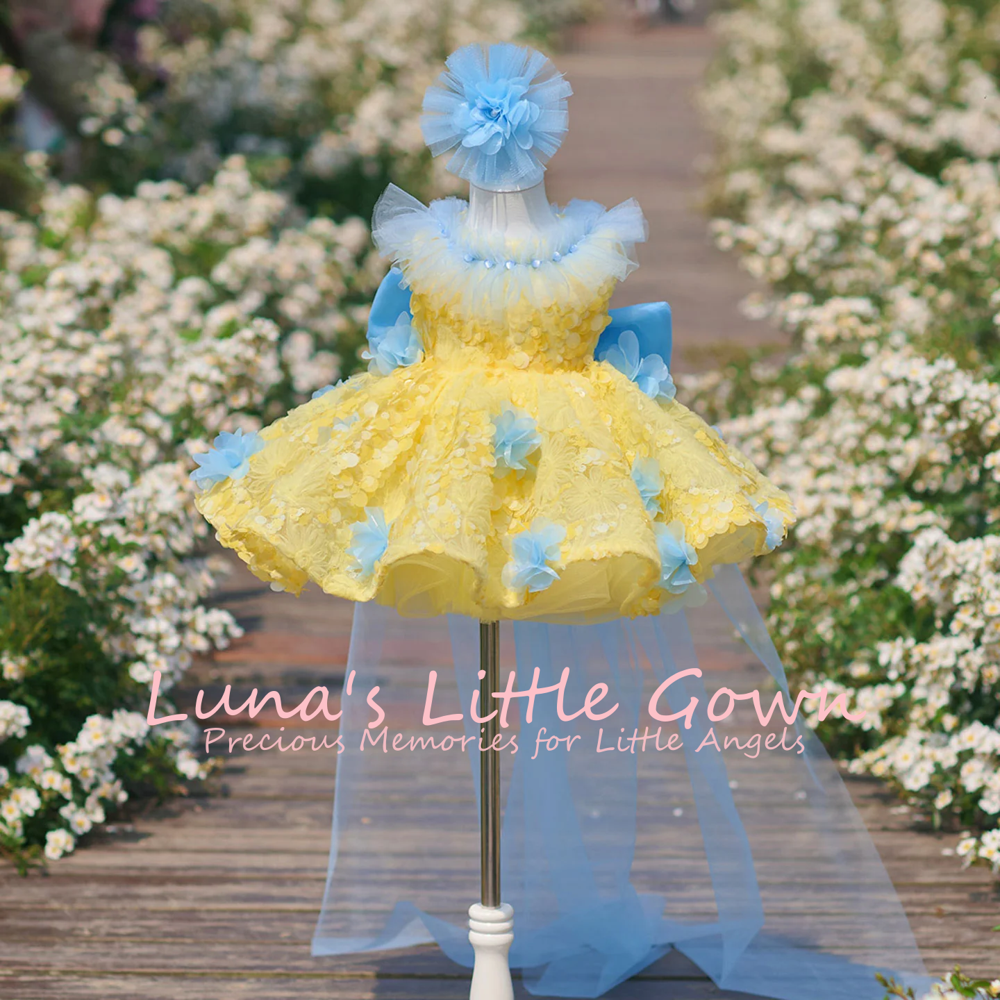 Embroidery Yellow Dress - Yellow & Sky Blue Off‑Shoulder Ruffle