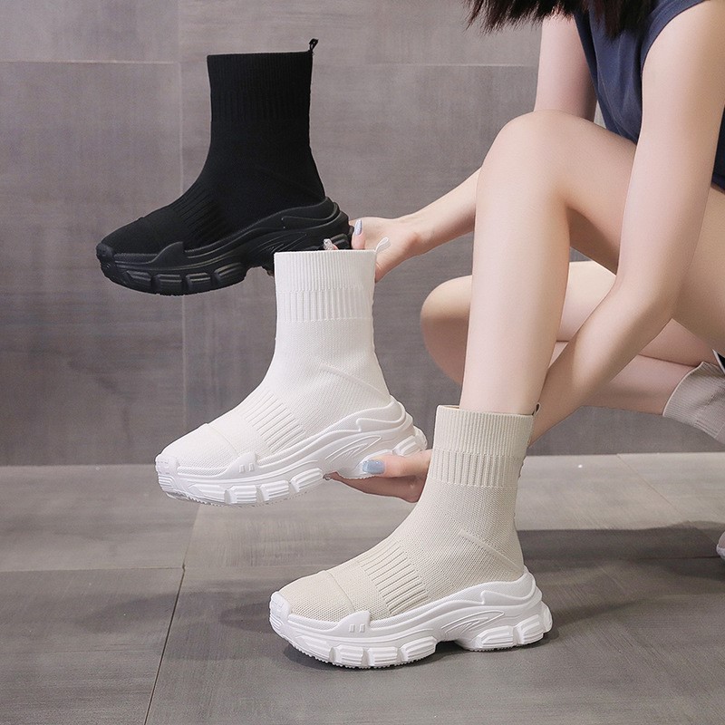 Embroidery Lace - Sock boots women's summer new black
