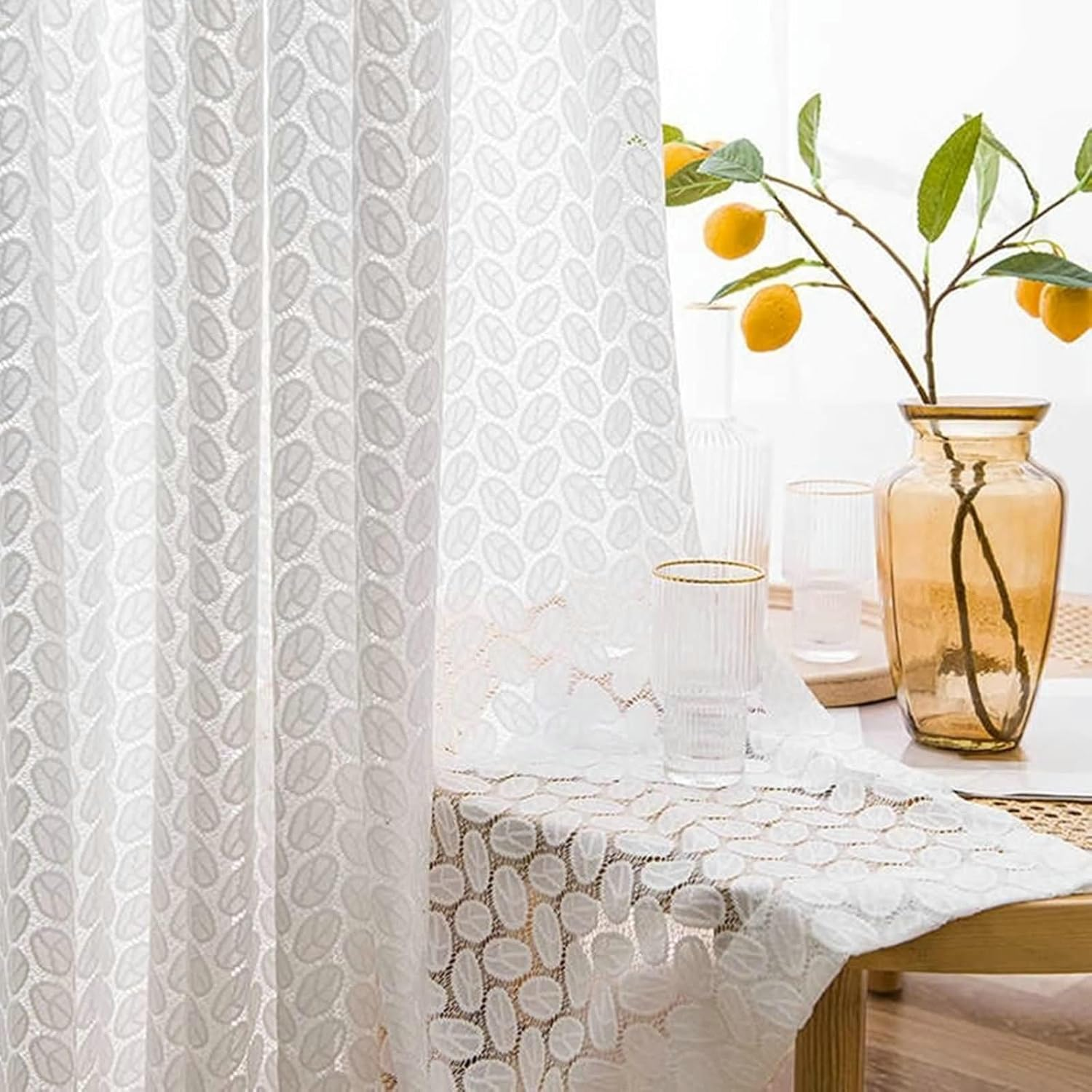 Embroidery Lace - 2PCS white leaf lace curtain, suitable