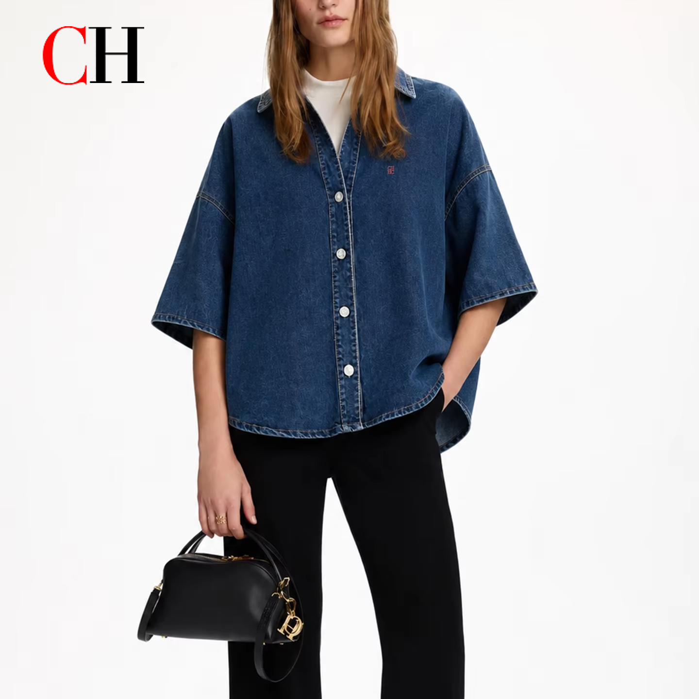Embroidery Garments - CH Letter Embroidered Solid Color Denim