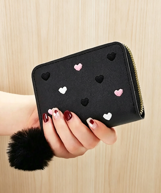Embroidery Wallet - Adorable Pom Pom Accent Mini Wallet