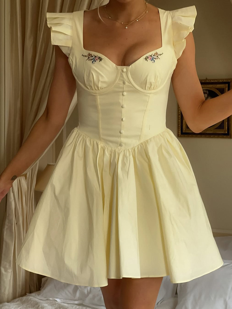 Floral Embroidery Cotton Summe - Embroidery Yellow Dress reseña y precio