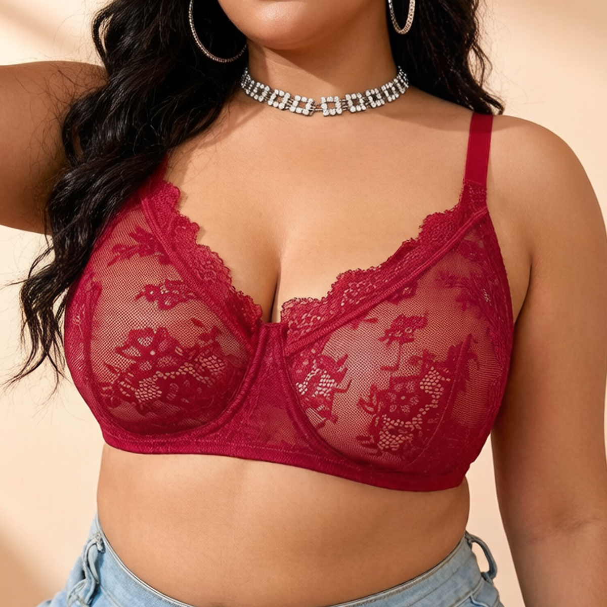 Women Plus Size Red Lace Sheer - Embroidery Lace reseña y precio
