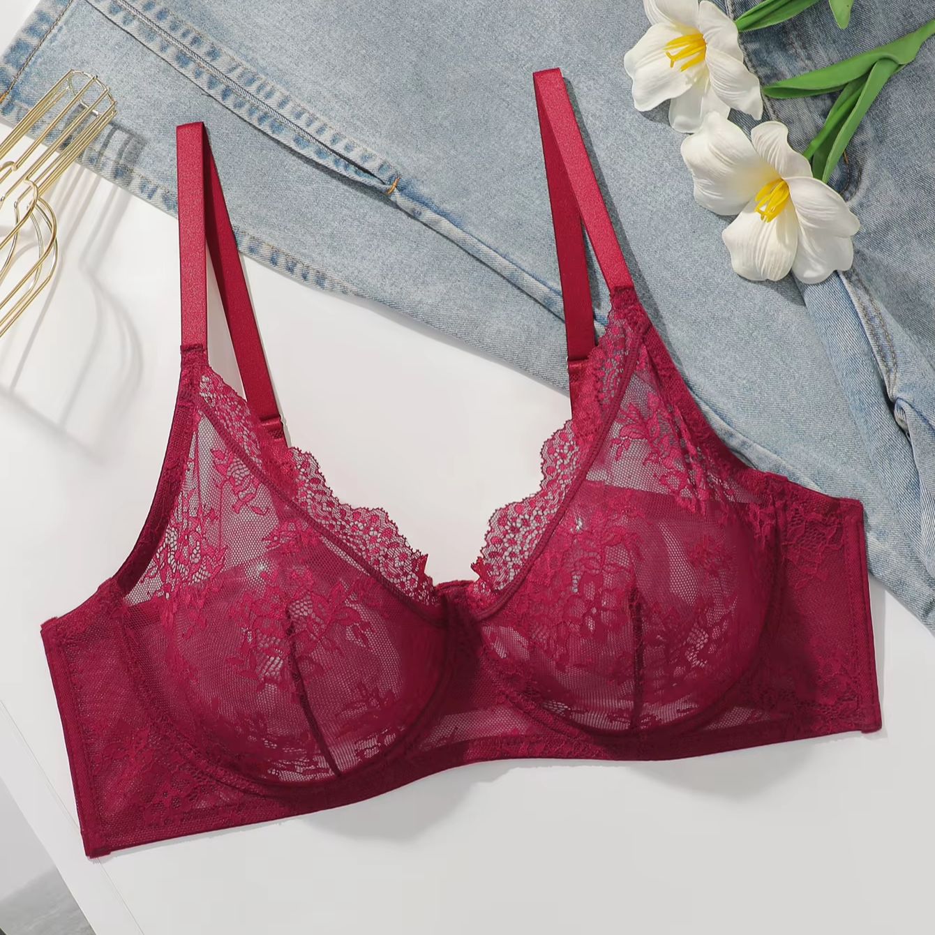 Women Plus Size Red Lace Sheer - Embroidery Lace reseña y precio