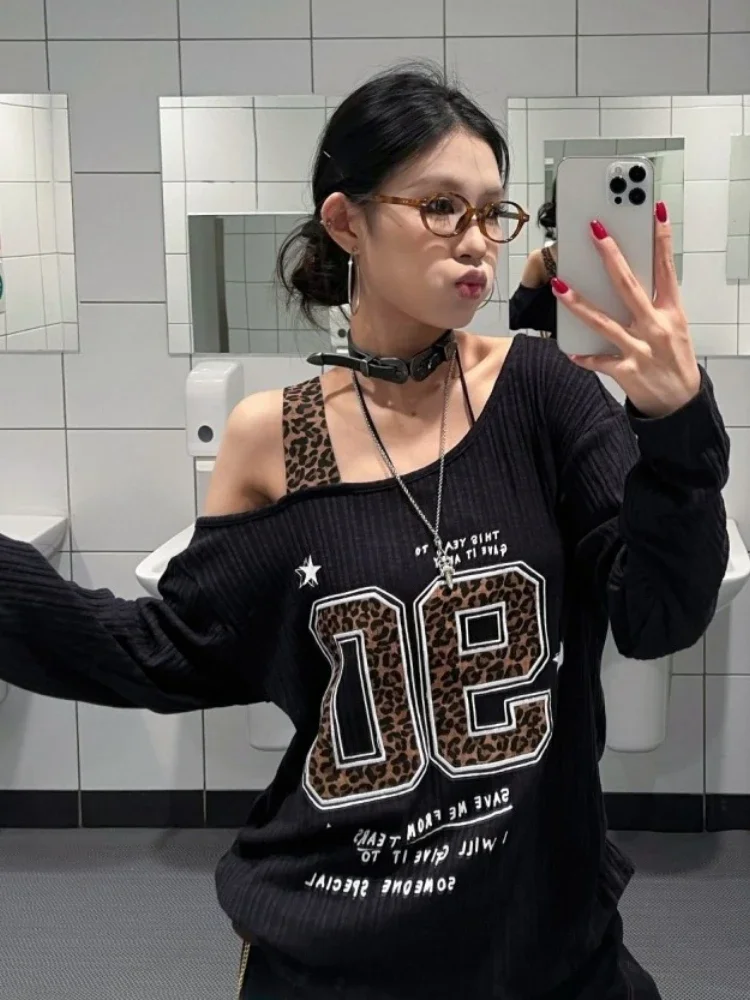 Y2K Patchwork Leopard Print T- - Embroidery Print reseña y precio