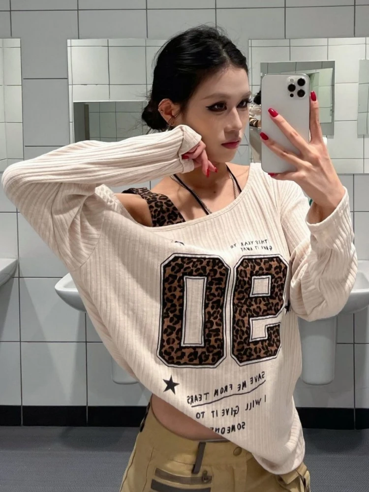 Y2K Patchwork Leopard Print T- - Embroidery Print reseña y precio