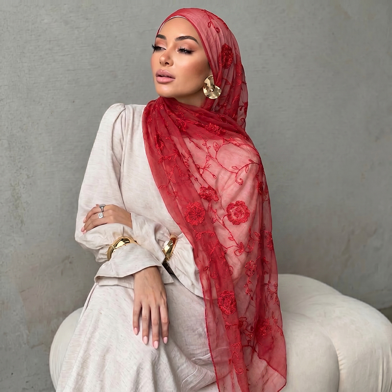 Floral Embroidery Muslim Hijab - Embroidery Print reseña y precio