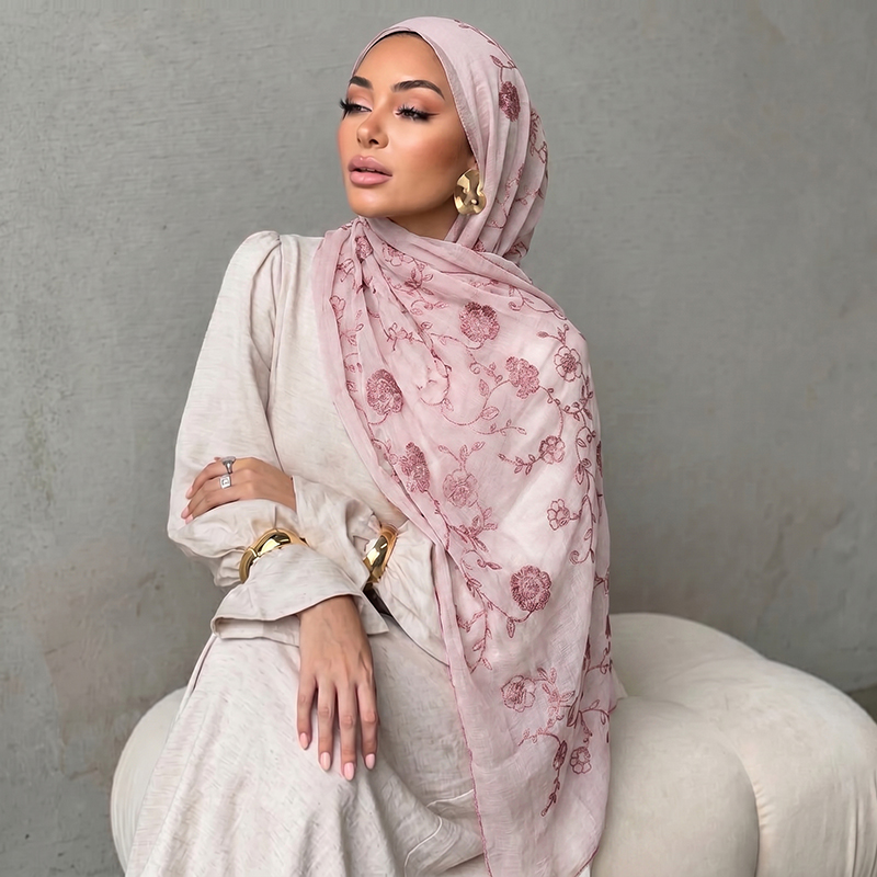 Floral Embroidery Muslim Hijab - Embroidery Print reseña y precio
