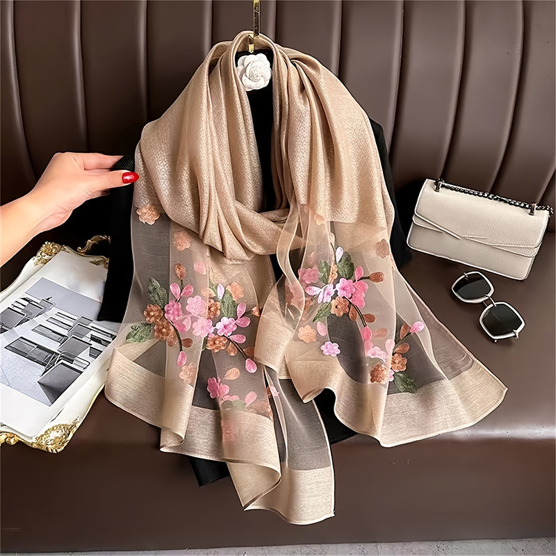 Women Silk Wool Scarf Floral E - Embroidery Hijab reseña y precio