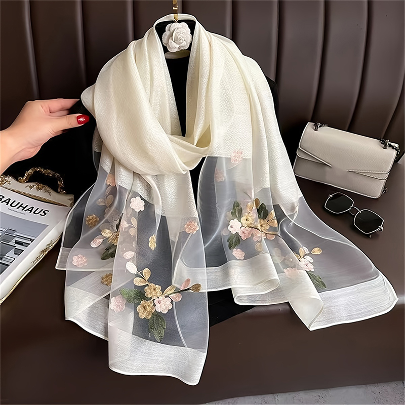 Women Silk Wool Scarf Floral E - Embroidery Hijab reseña y precio