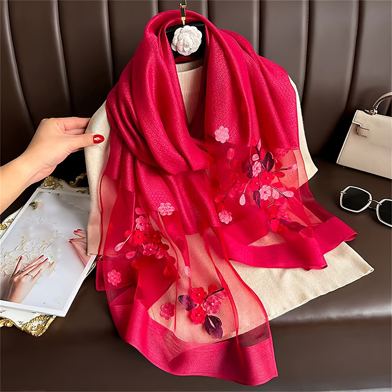 Women Silk Wool Scarf Floral E - Embroidery Hijab reseña y precio
