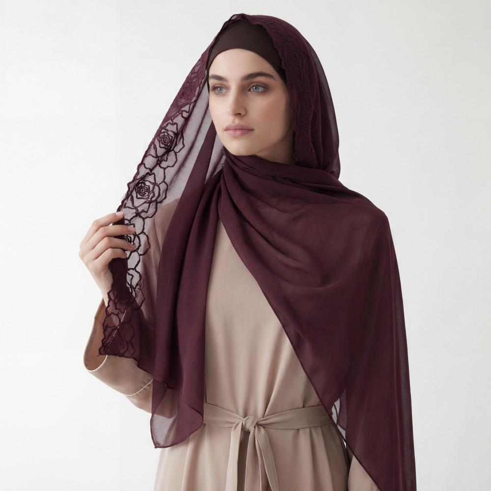 Purple Chiffon Hijab Shawls Wo - Embroidery Hijab reseña y precio